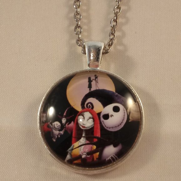 Silver Mystical Nightmare Before Christmas Jack Sally Zero Cabochon Necklace - Picture 2 of 3